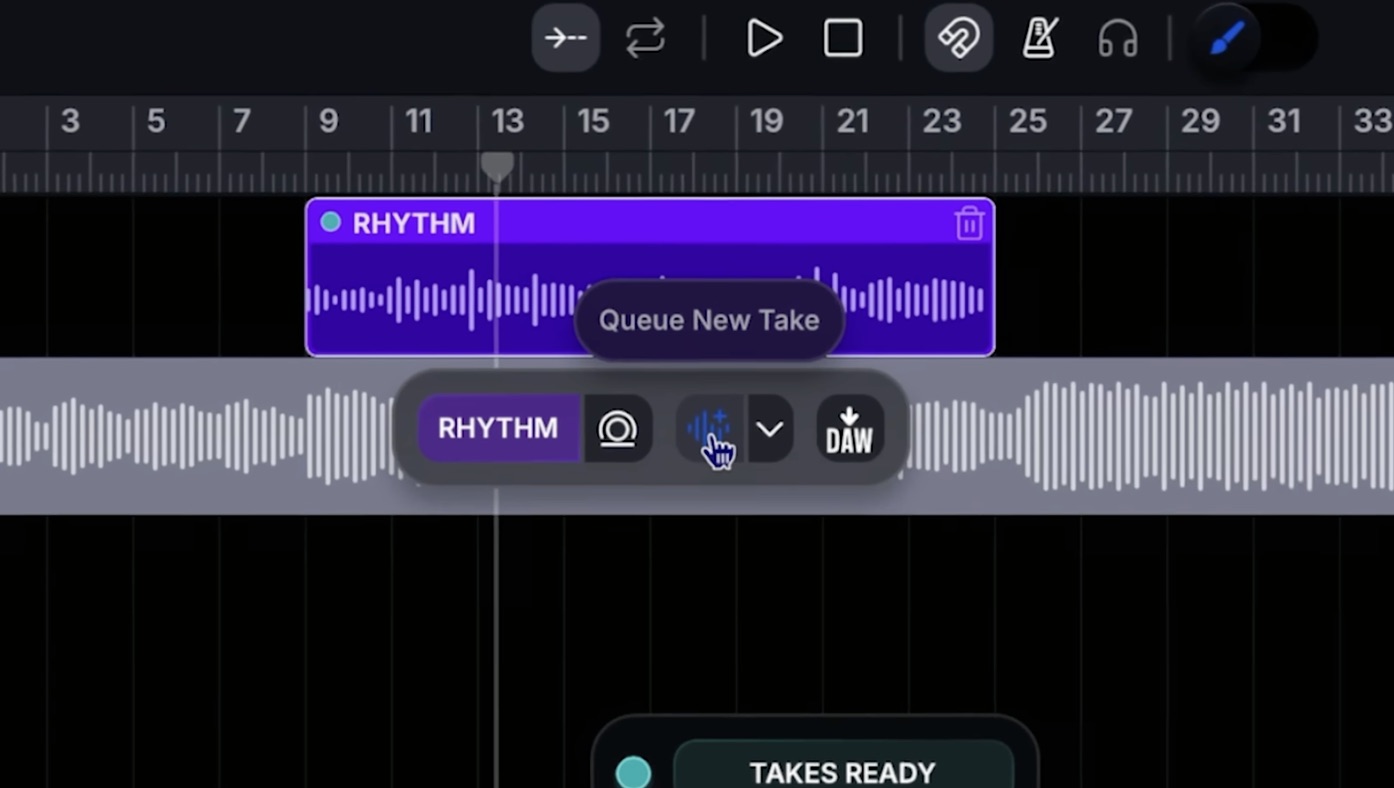 LANDR Layers Rhythm region with Queue New Take button and Takes Ready status pill on ai instrumental generator track.