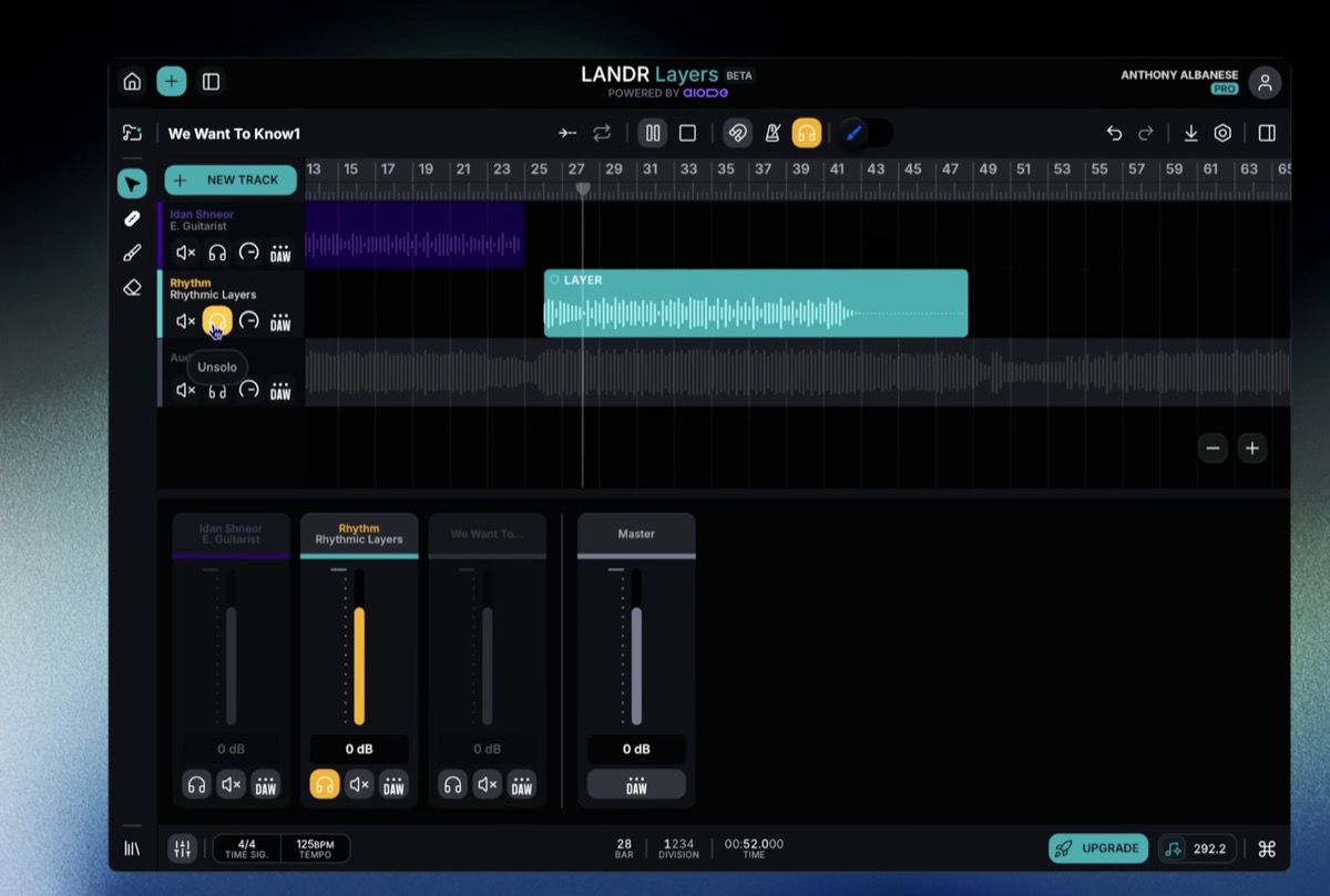 LANDR Layers timeline with a Rhythm Layers track and generated Layer region alongside the mixer panel.