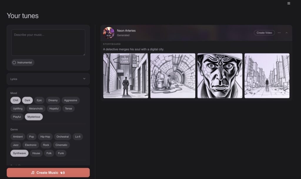 Neural Frames Neural Tunes AI music generator interface with storyboard and mood genre selectors.