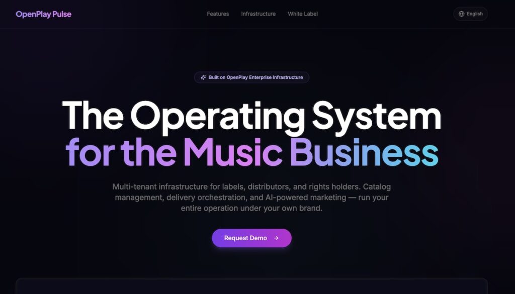 OpenPlay Pulse website hero showing "The Operating System for the Music Business" headline.
