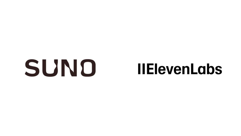 Suno and ElevenLabs logos side by side on white background representing competing AI music platforms.