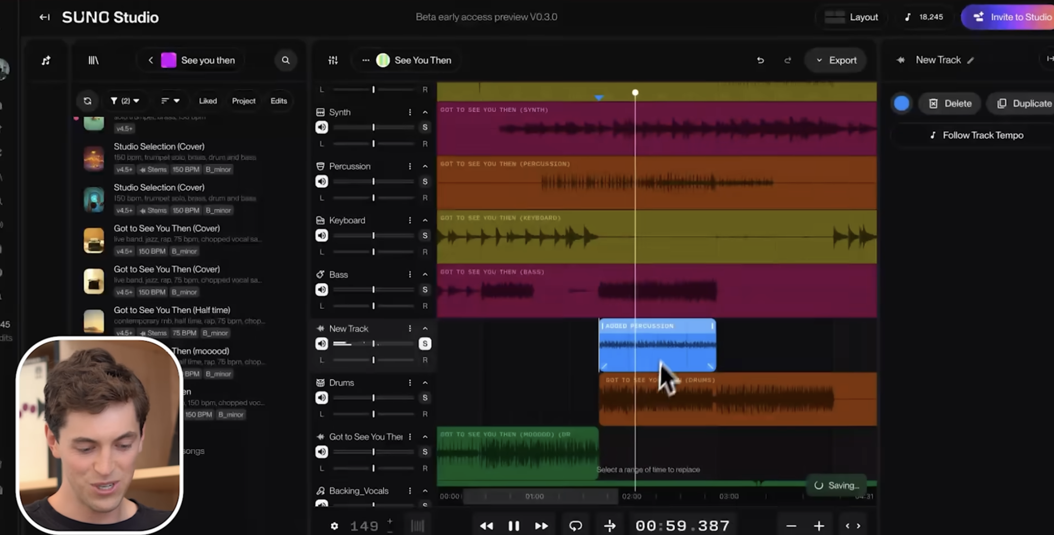 Suno Studio multitrack timeline with separate synth, bass, drums, and percussion stems